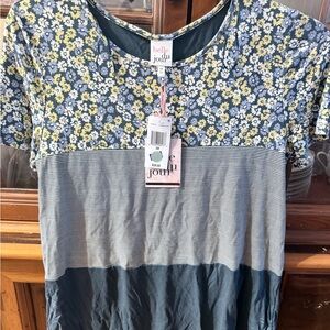 Belle Du Jour Floral and Striped Short Sleeve Top - Blue and Yellow